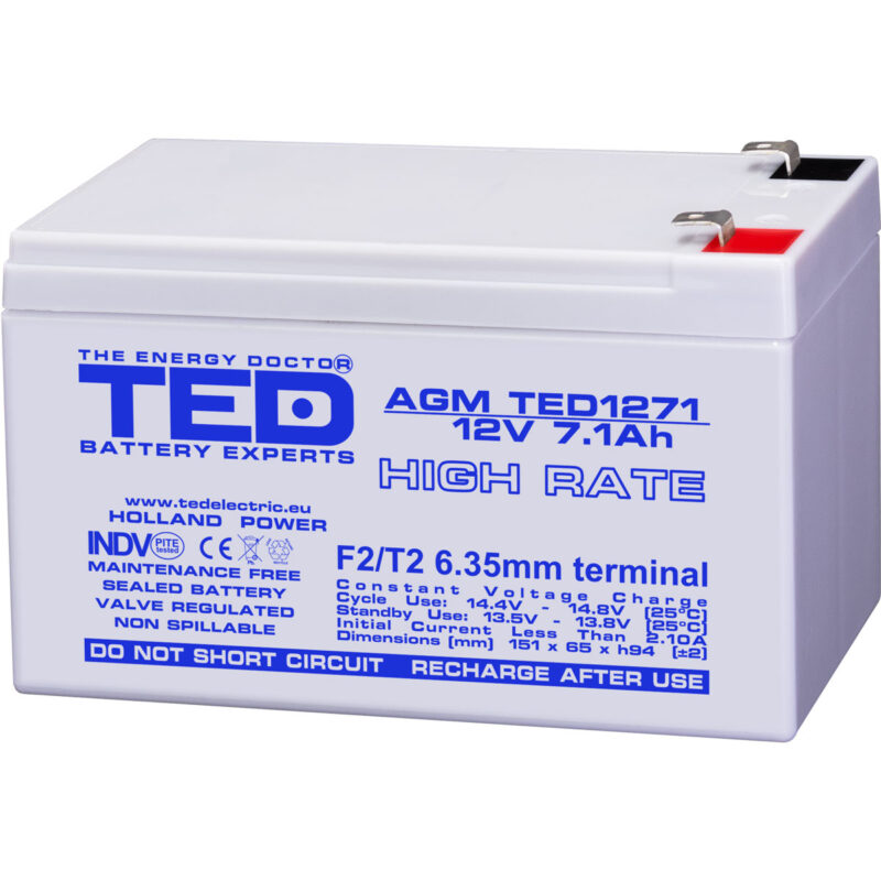 12V 7.1Ah AGM High Rate TED1271 - VRLA / Rechargeable - TED Electric