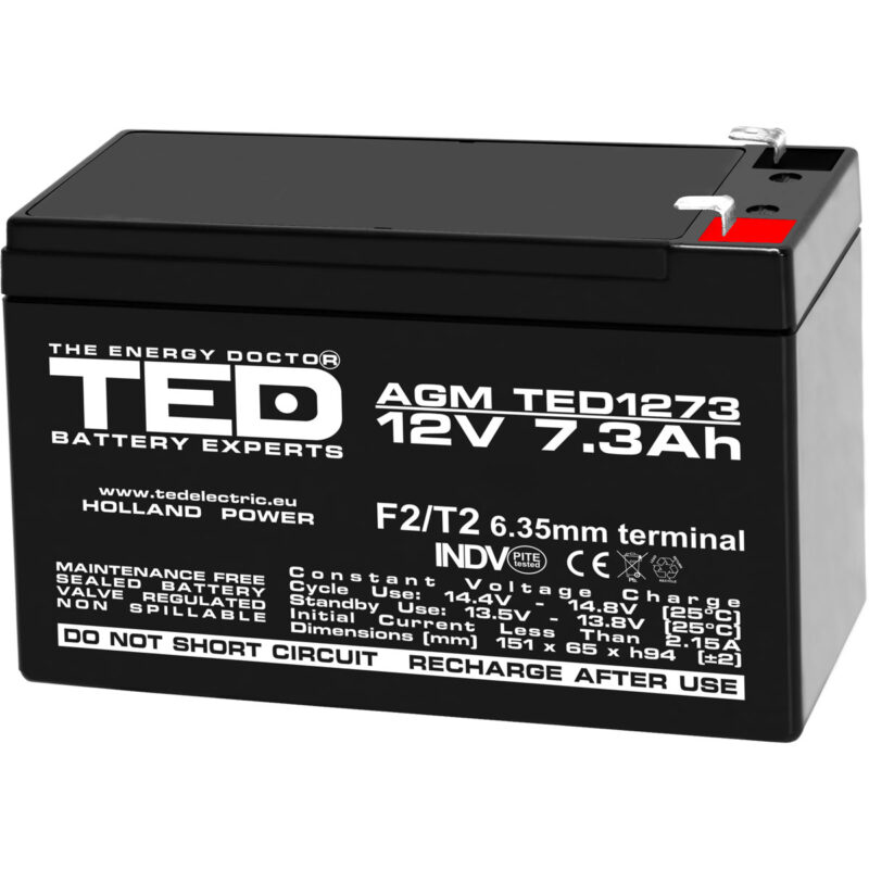 12V 7.3Ah AGM Battery TED1273 - VRLA / Rechargeable - TED Electric