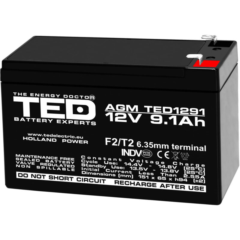 12V 9.1Ah AGM Battery TED1291 - VRLA / Rechargeable - TED Electric