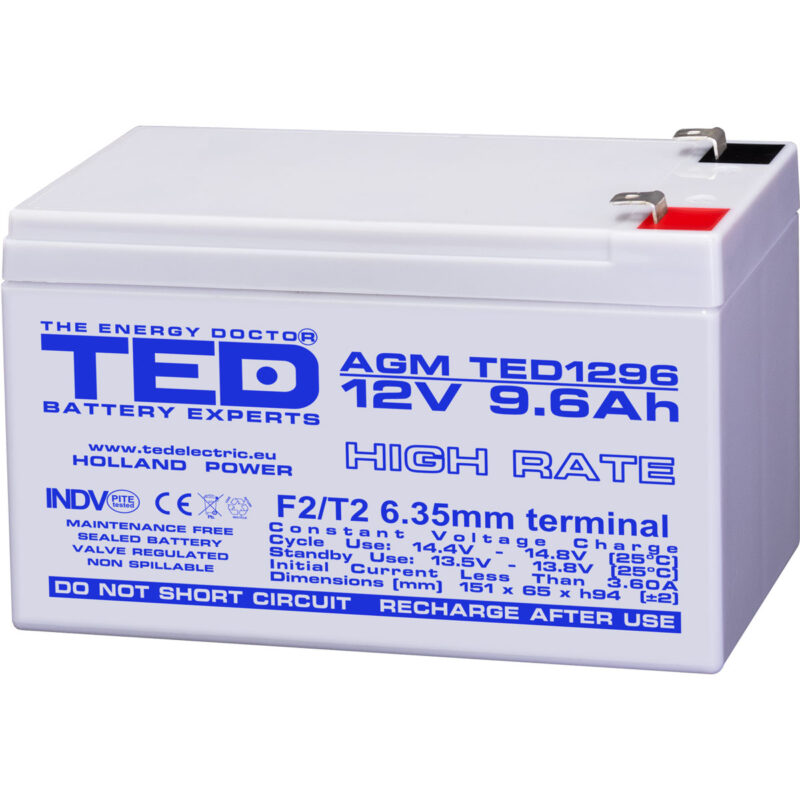 12V 9.6Ah AGM High Rate TED1296 - VRLA / Rechargeable - TED Electric