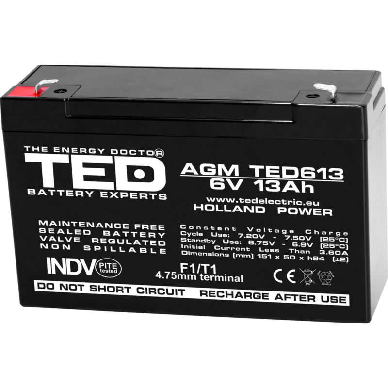 6V 13Ah AGM Battery TED613 - VRLA / Rechargeable - TED Electric