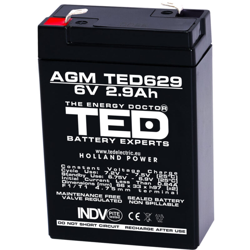 6V 2.9Ah AGM Battery TED629 - VRLA / Rechargeable - TED Electric