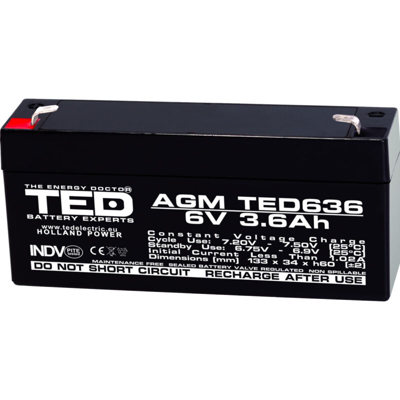 6V 3.6Ah AGM Battery TED636 - VRLA / Rechargeable - TED Electric
