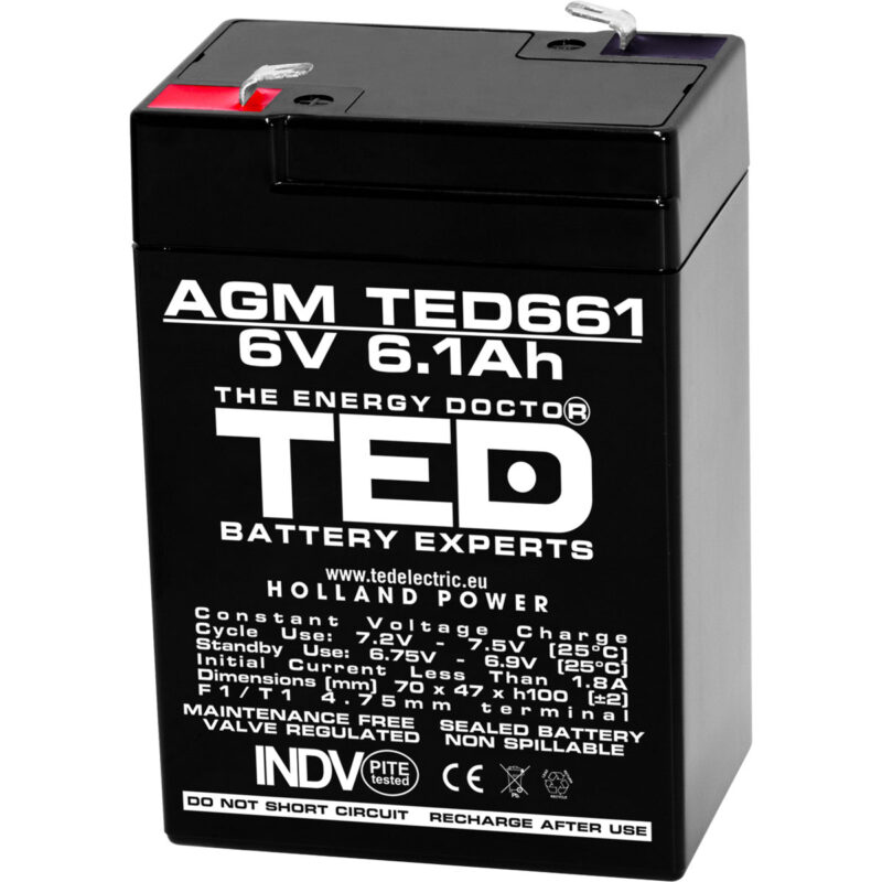 6V 6.1Ah AGM Battery TED661 - VRLA / Rechargeable - TED Electric