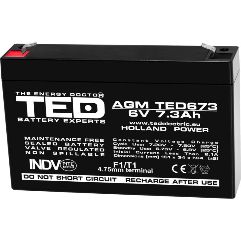 6V 7.3Ah AGM Battery TED673 - VRLA / Rechargeable - TED Electric