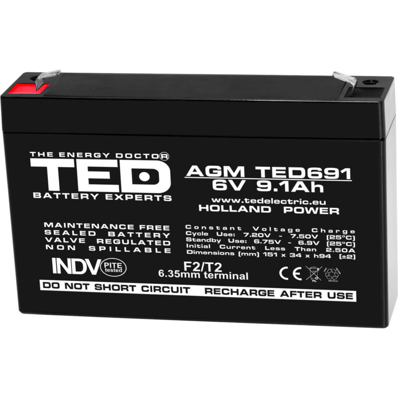 6V 9.1Ah AGM Battery TED691 - VRLA / Rechargeable - TED Electric