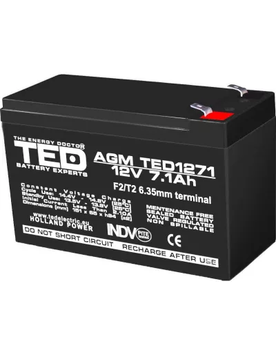 12V 7.1Ah AGM Battery TED1271F2 - VRLA / Rechargeable - TED Electric