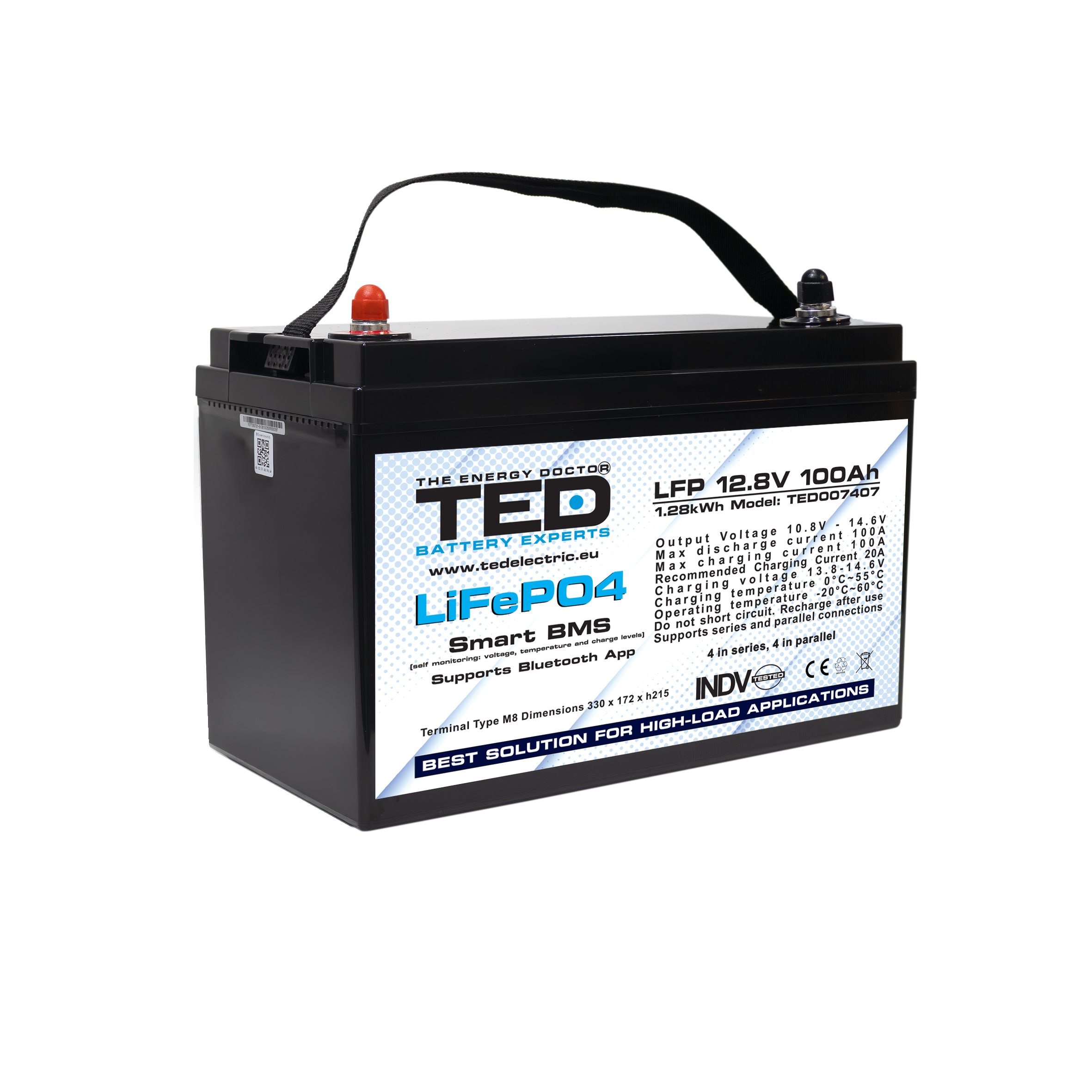 Side angle view of TED LiFePO4 battery 12.8V 100Ah with Smart BMS