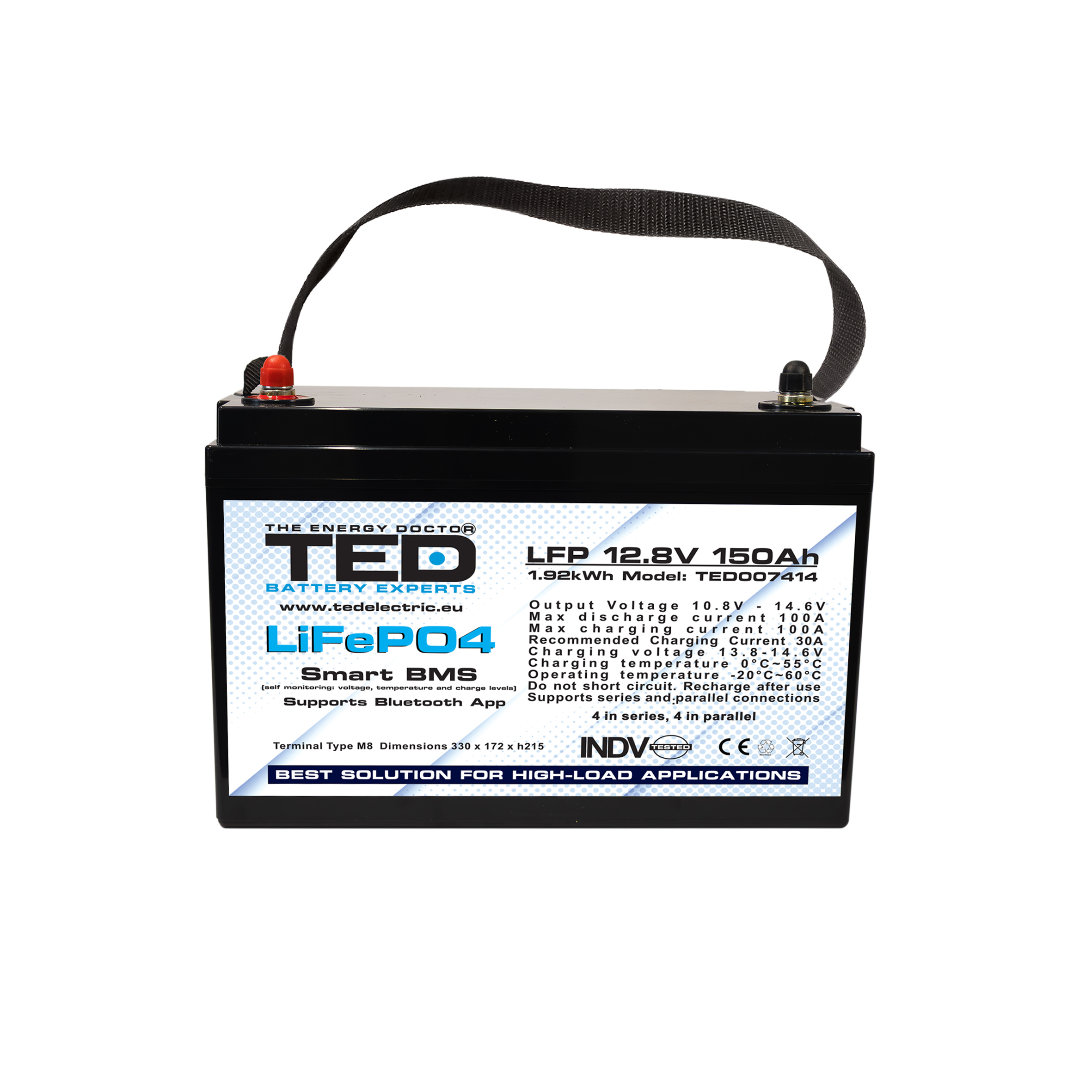 Front view of TED LiFePO4 battery LFP 12.8V 150Ah with Smart BMS and Bluetooth