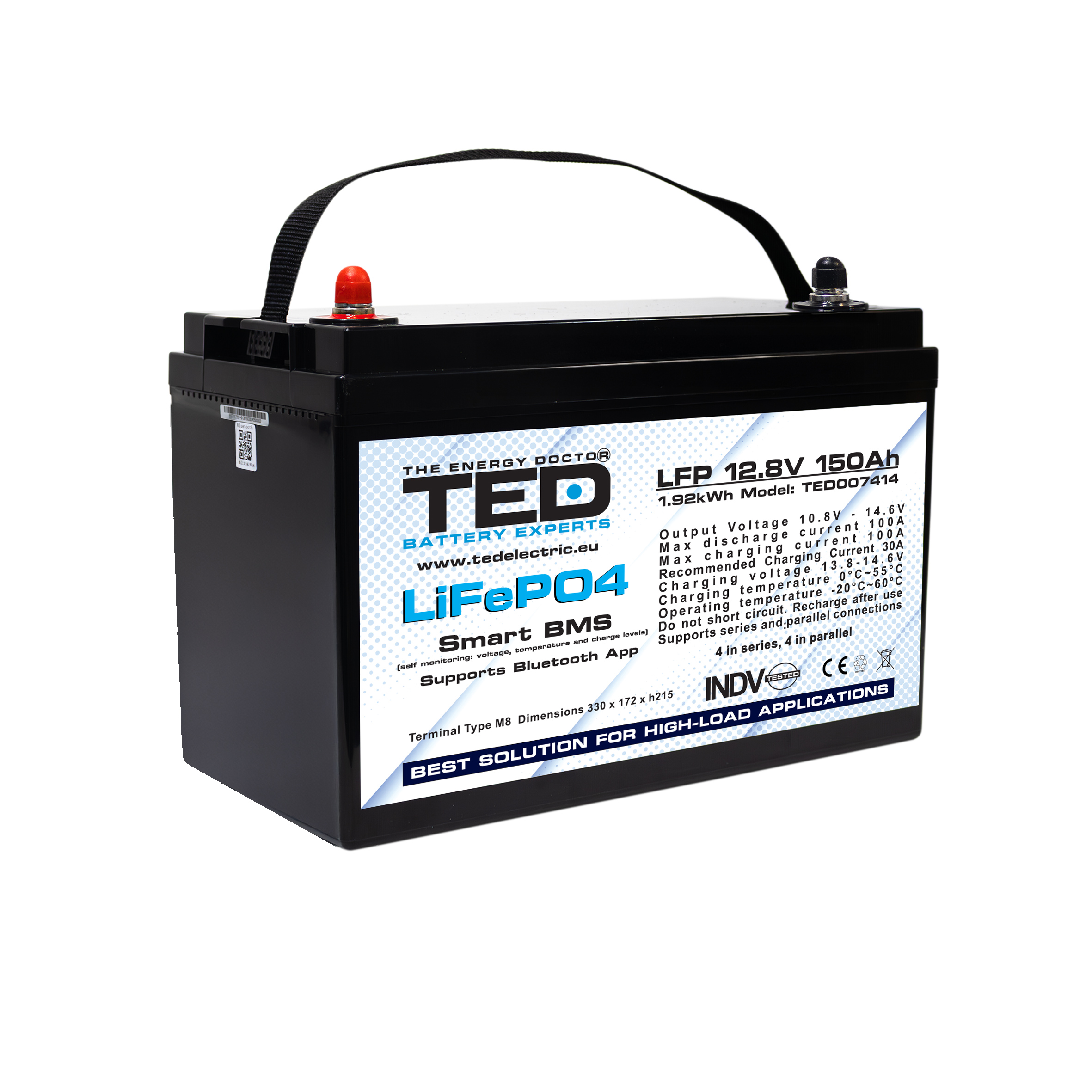 Side angle view of TED LiFePO4 battery 12.8V 150Ah with Smart BMS