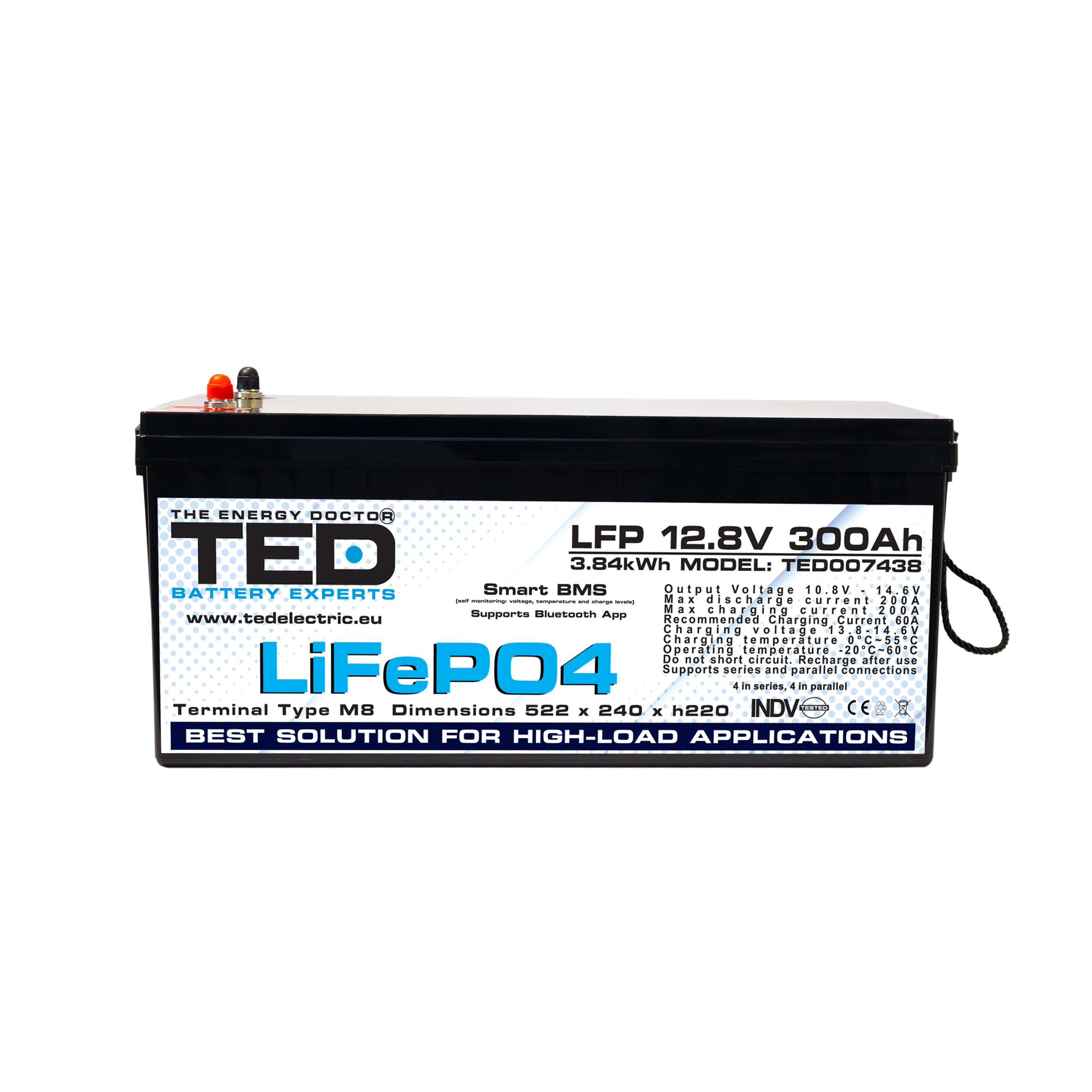 Front view of TED LiFePO4 battery LFP 12.8V 300Ah with Smart BMS and Bluetooth