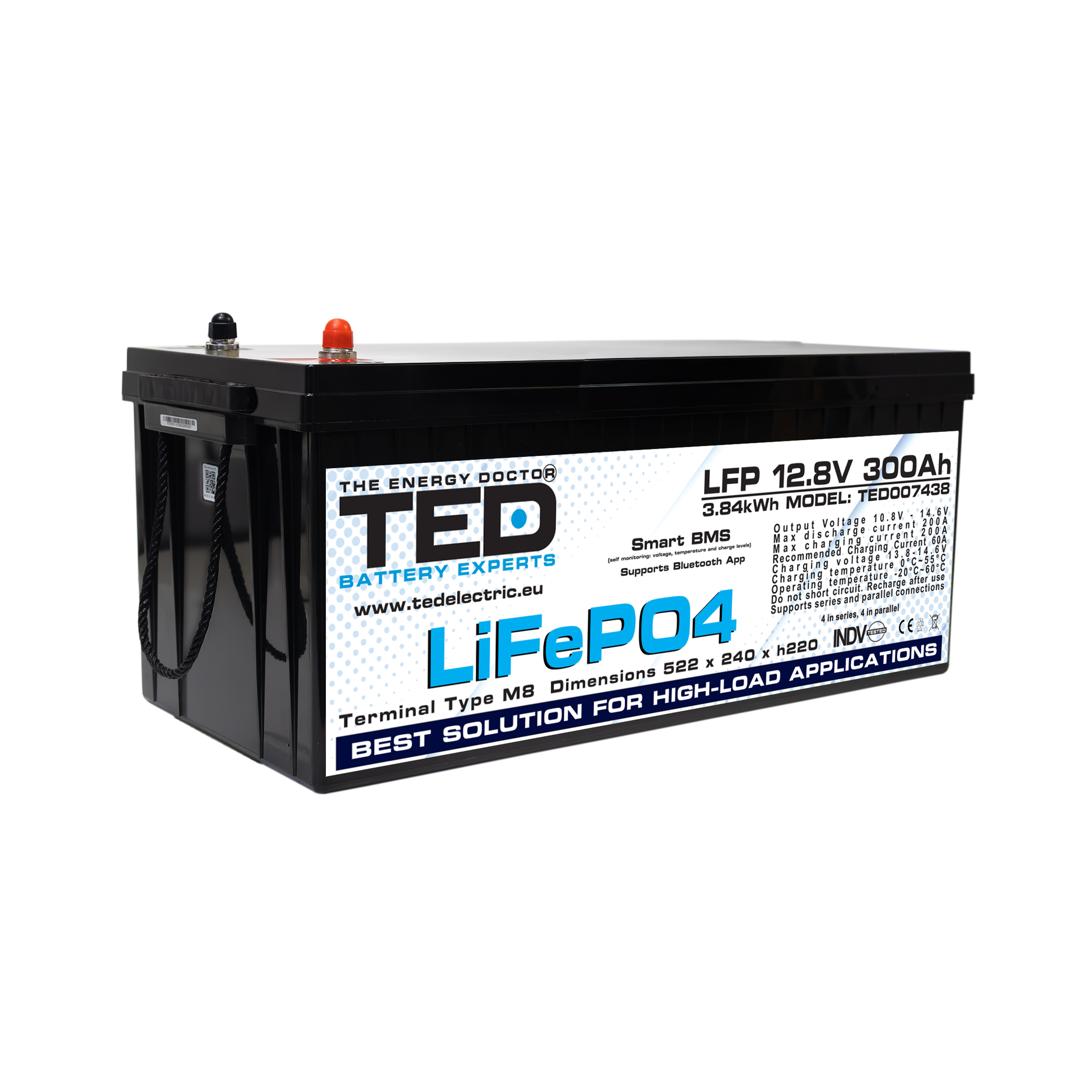 Side angle view of TED LiFePO4 battery 12.8V 300Ah with Smart BMS