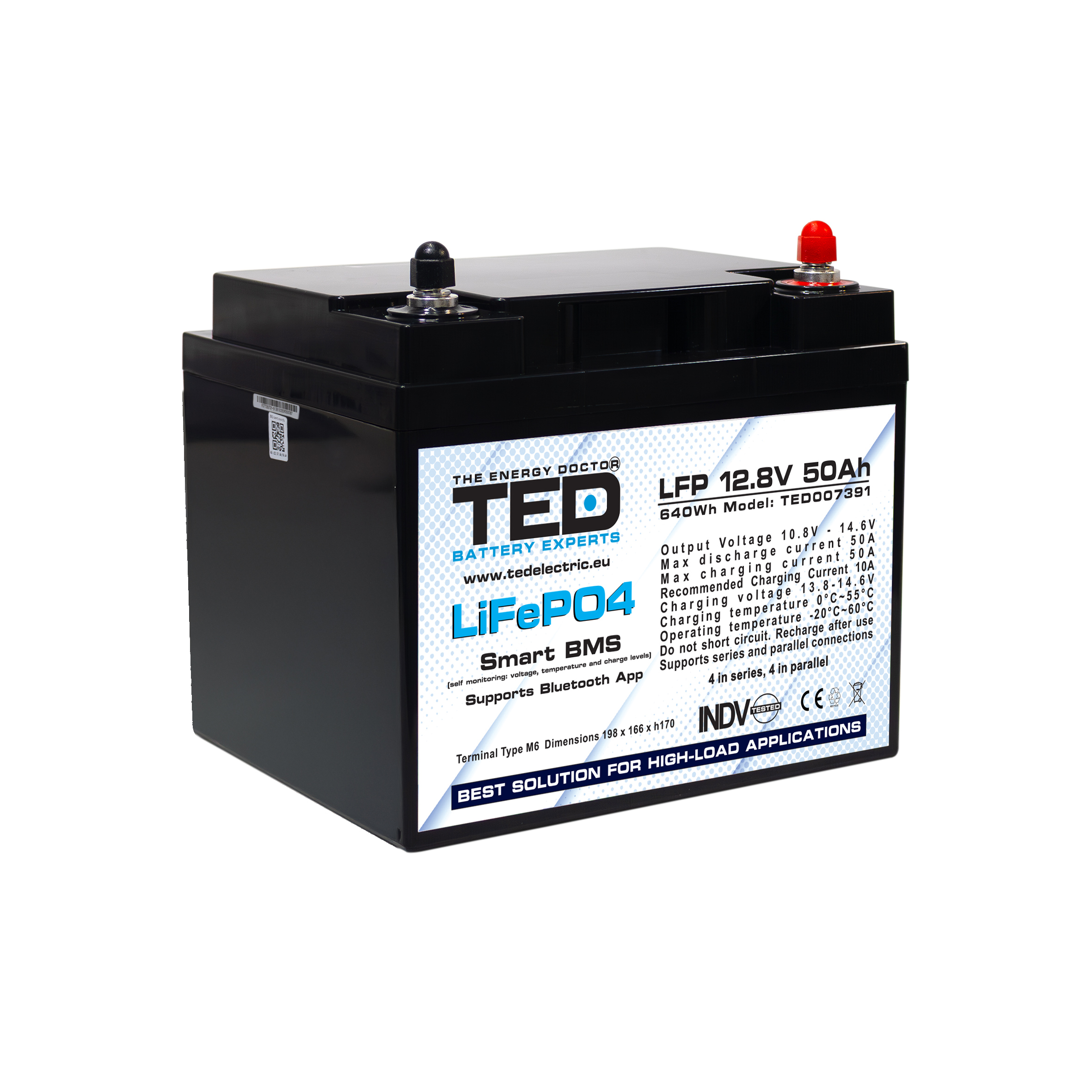 Side view of TED LiFePO4 battery LFP 12.8V 50Ah with Smart BMS