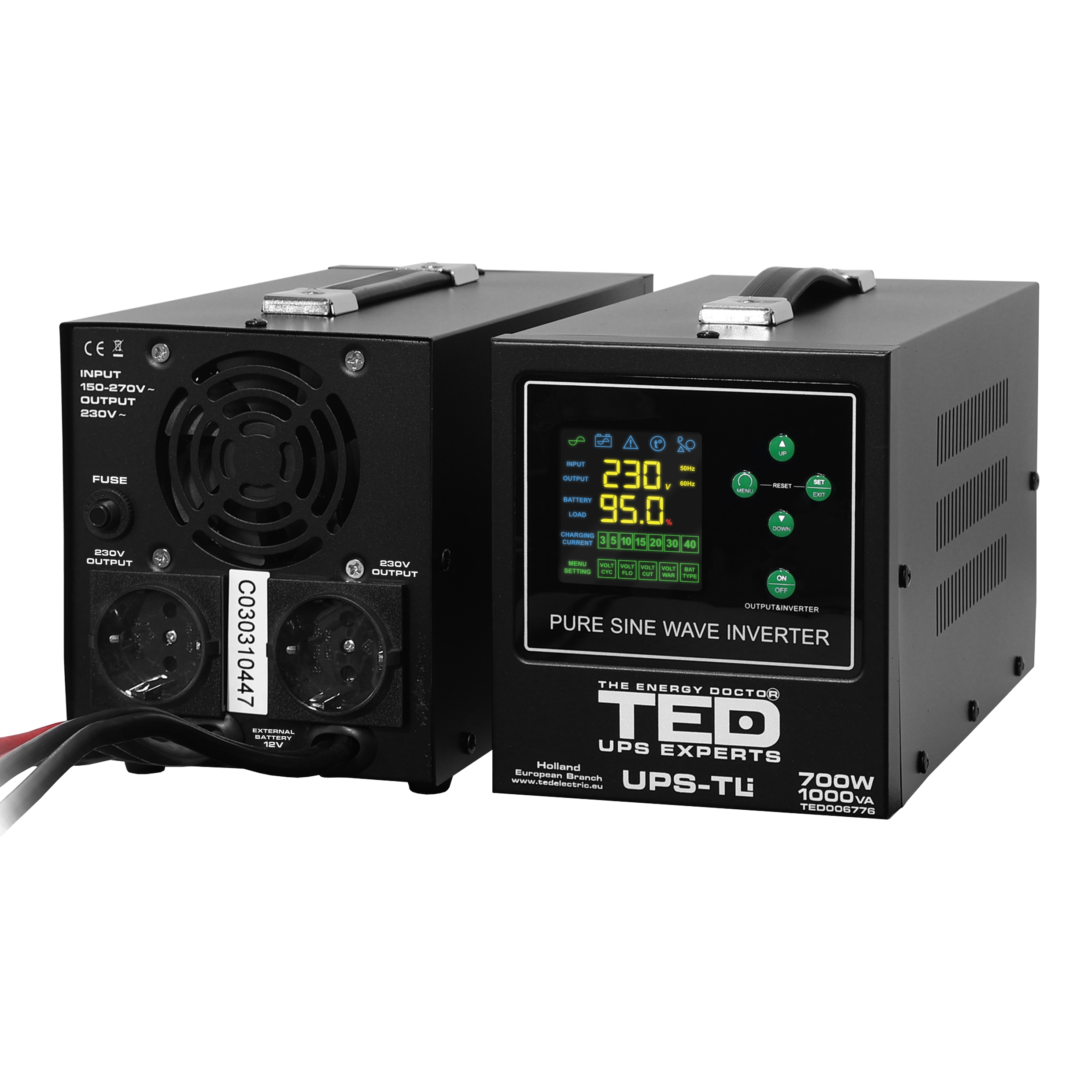 TED LiFePO4 1000VA UPS with 230V output sockets and cooling fan