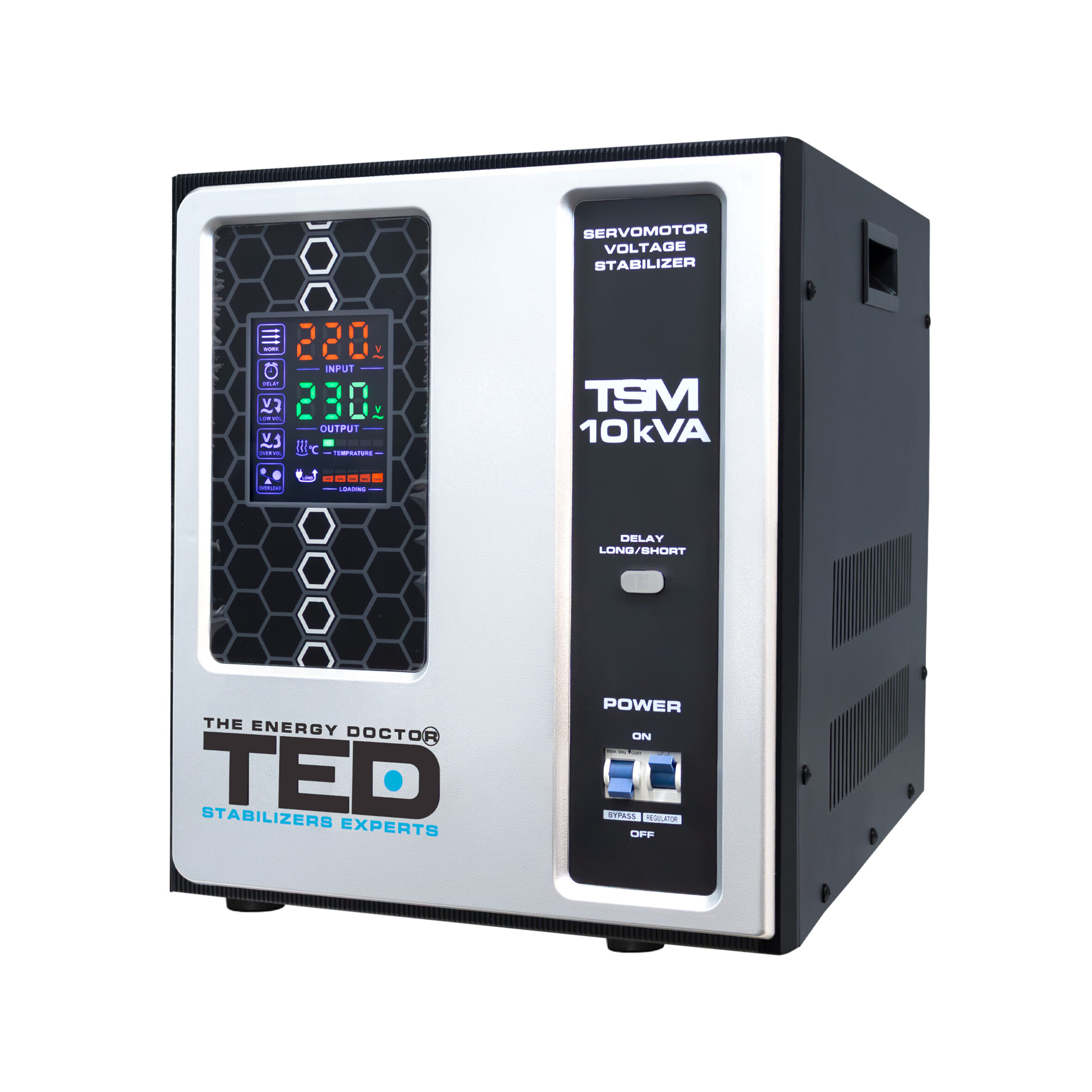 TED TSM 10kVA servomotor voltage stabilizer with digital display showing input and output voltage, front view