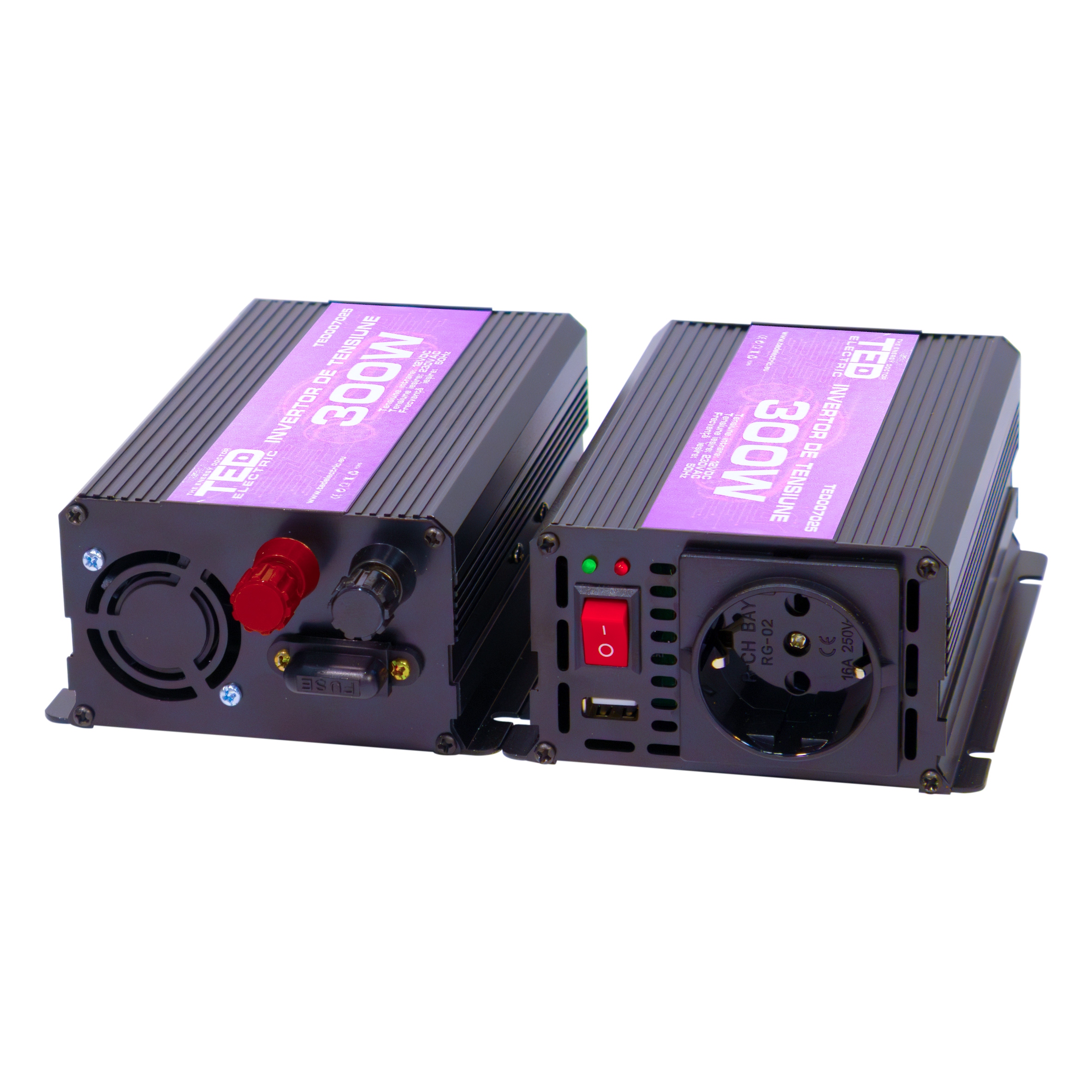 300W car inverter rear view with DC input terminals and cooling fan