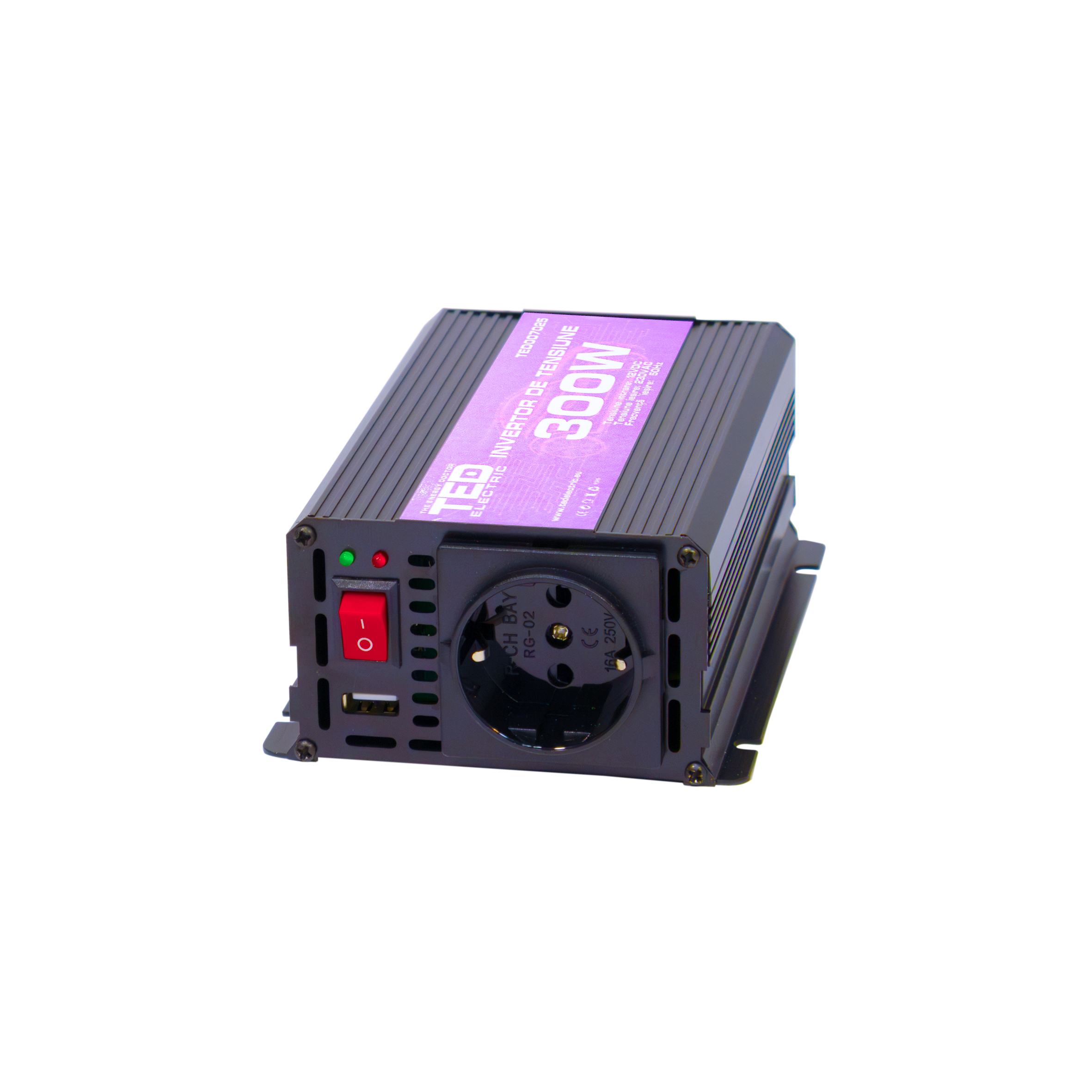 300W car inverter with modified sine wave, front view with AC socket, power switch, LED indicators and USB port