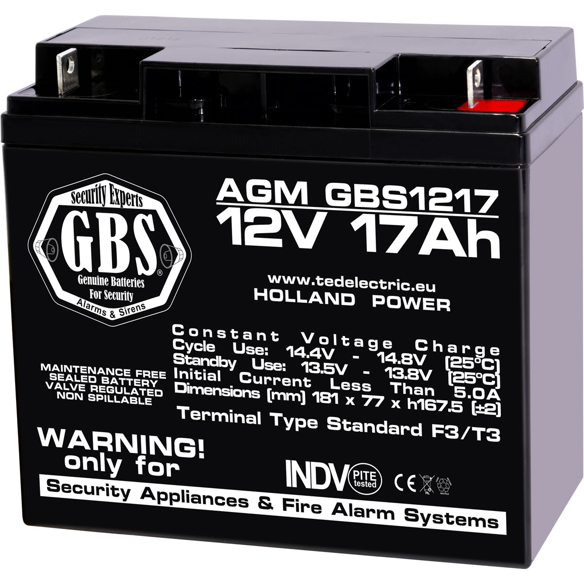 GBS 12V 17Ah battery front angled view