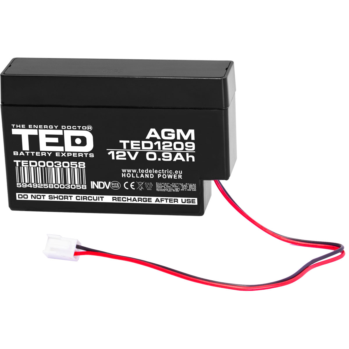 TED 12V 0.9Ah battery front angled view