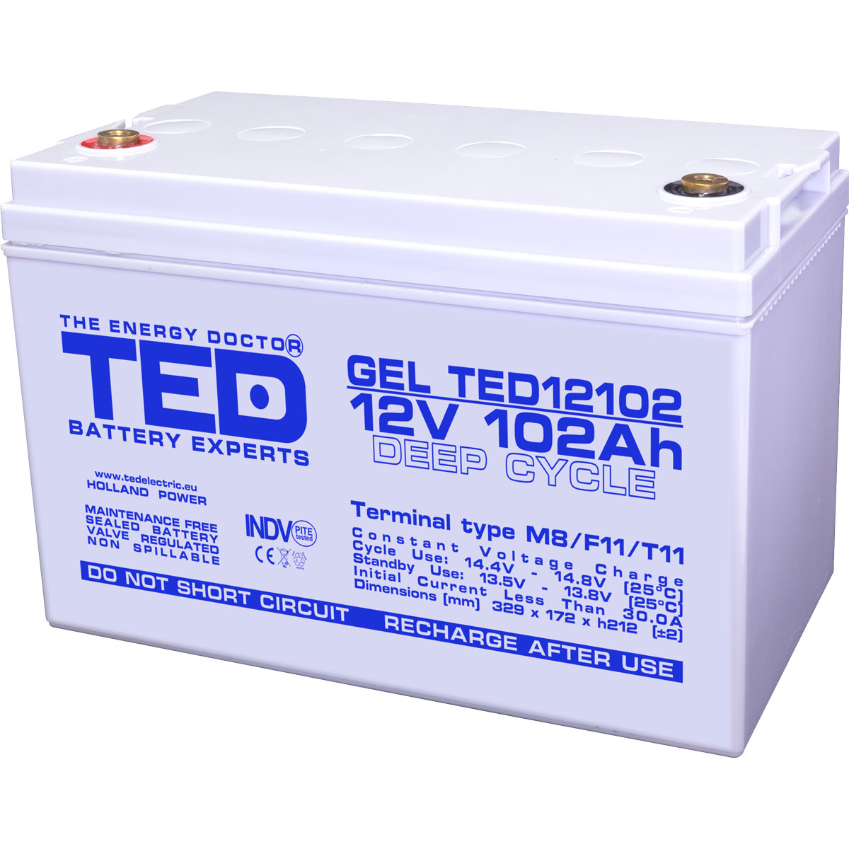TED 12V 102Ah battery front angled view