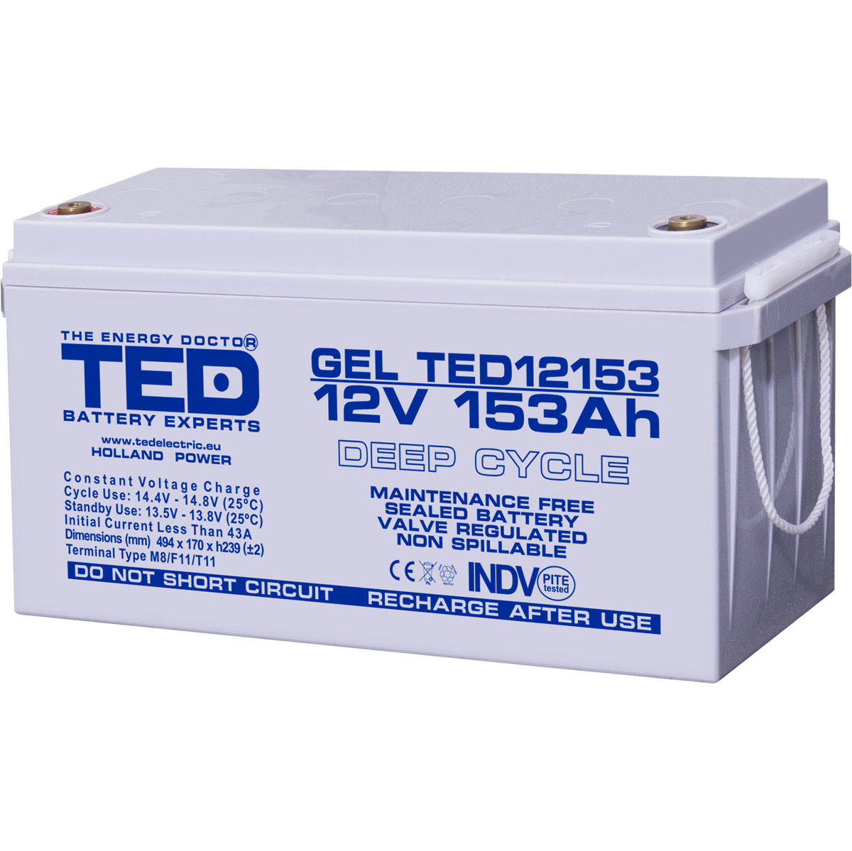 TED 12V 153Ah battery front angled view