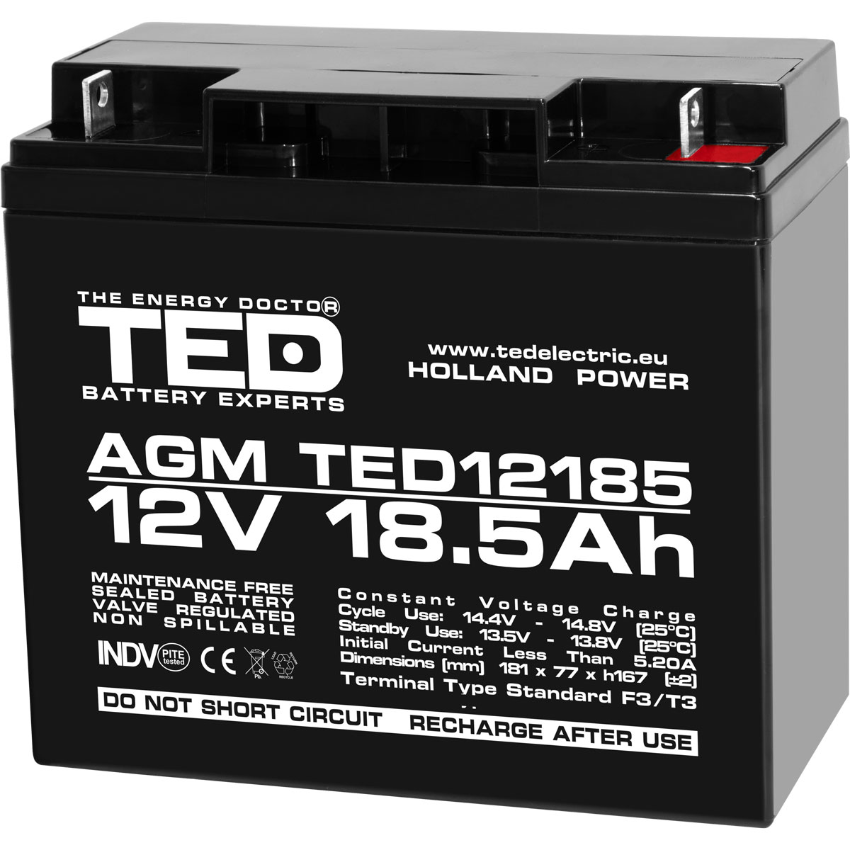 TED 12V 18.5Ah battery front angled view
