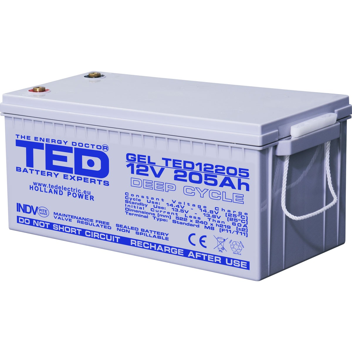 TED 12V 205Ah battery front angled view
