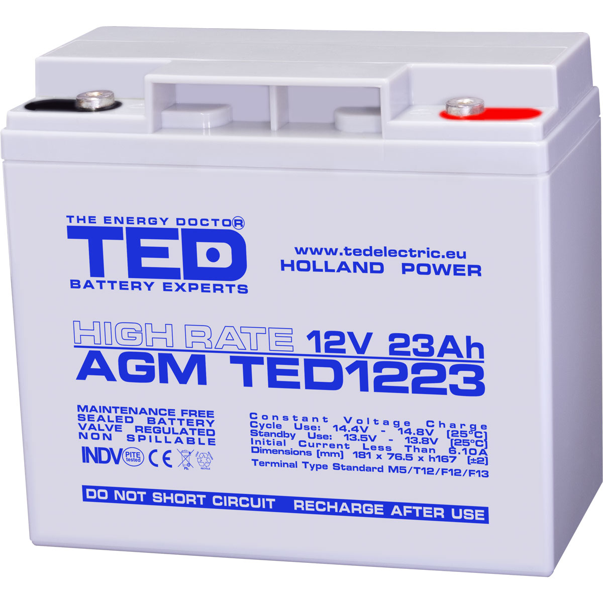 TED 12V 23Ah battery front angled view