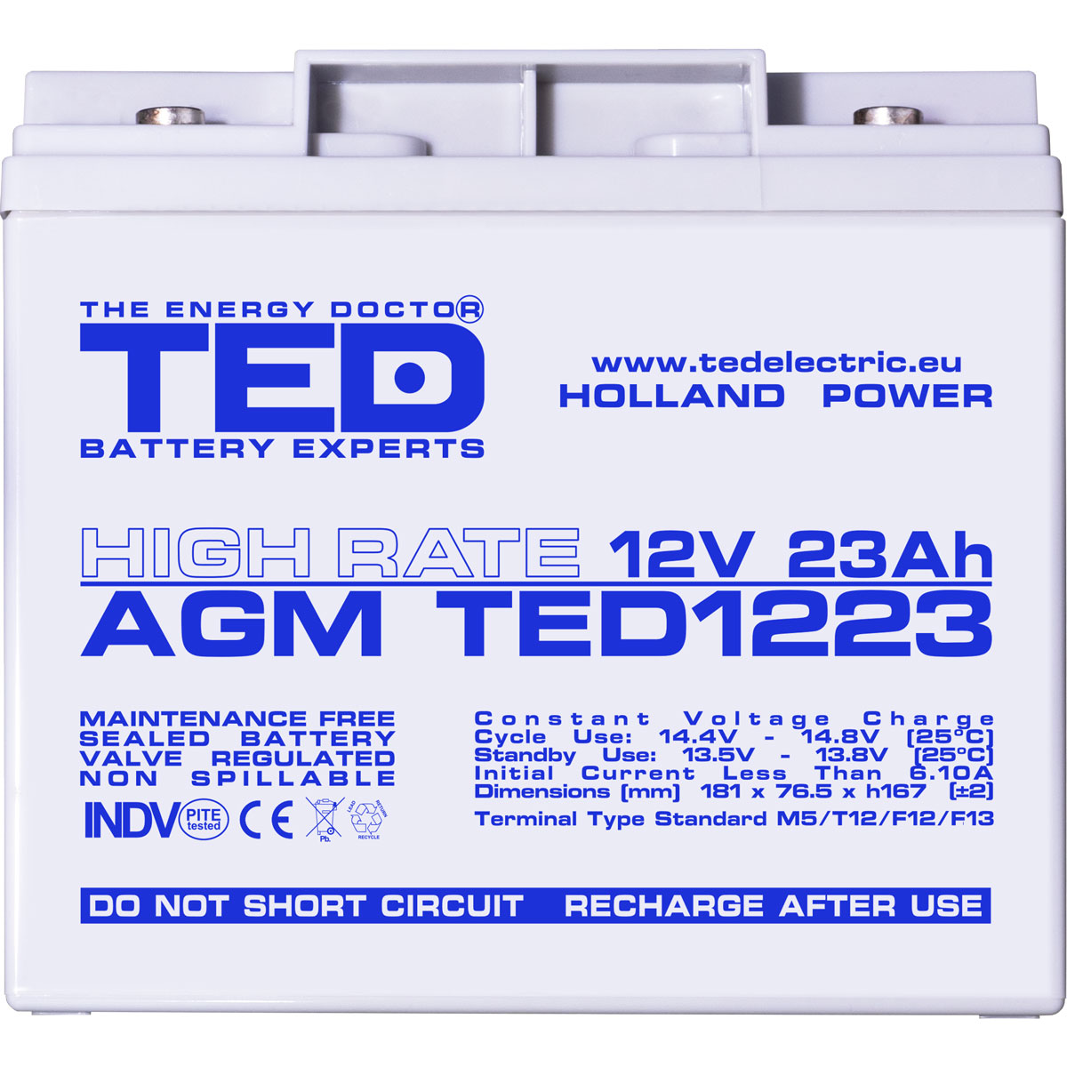 TED 12V 23Ah battery front view