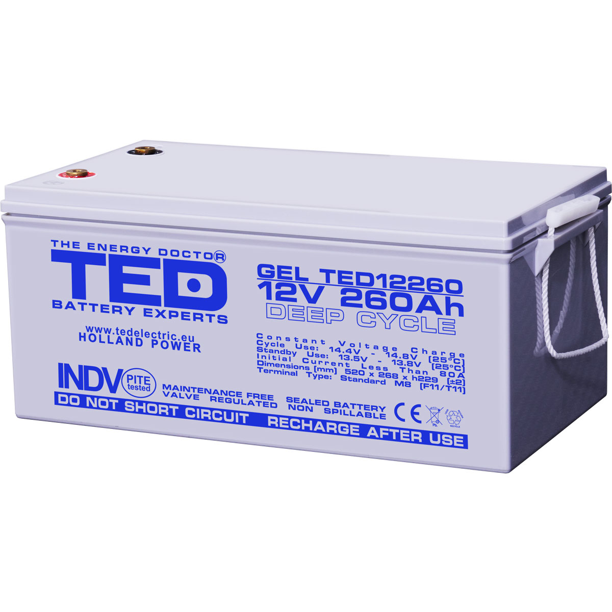 TED 12V 260Ah battery front angled view