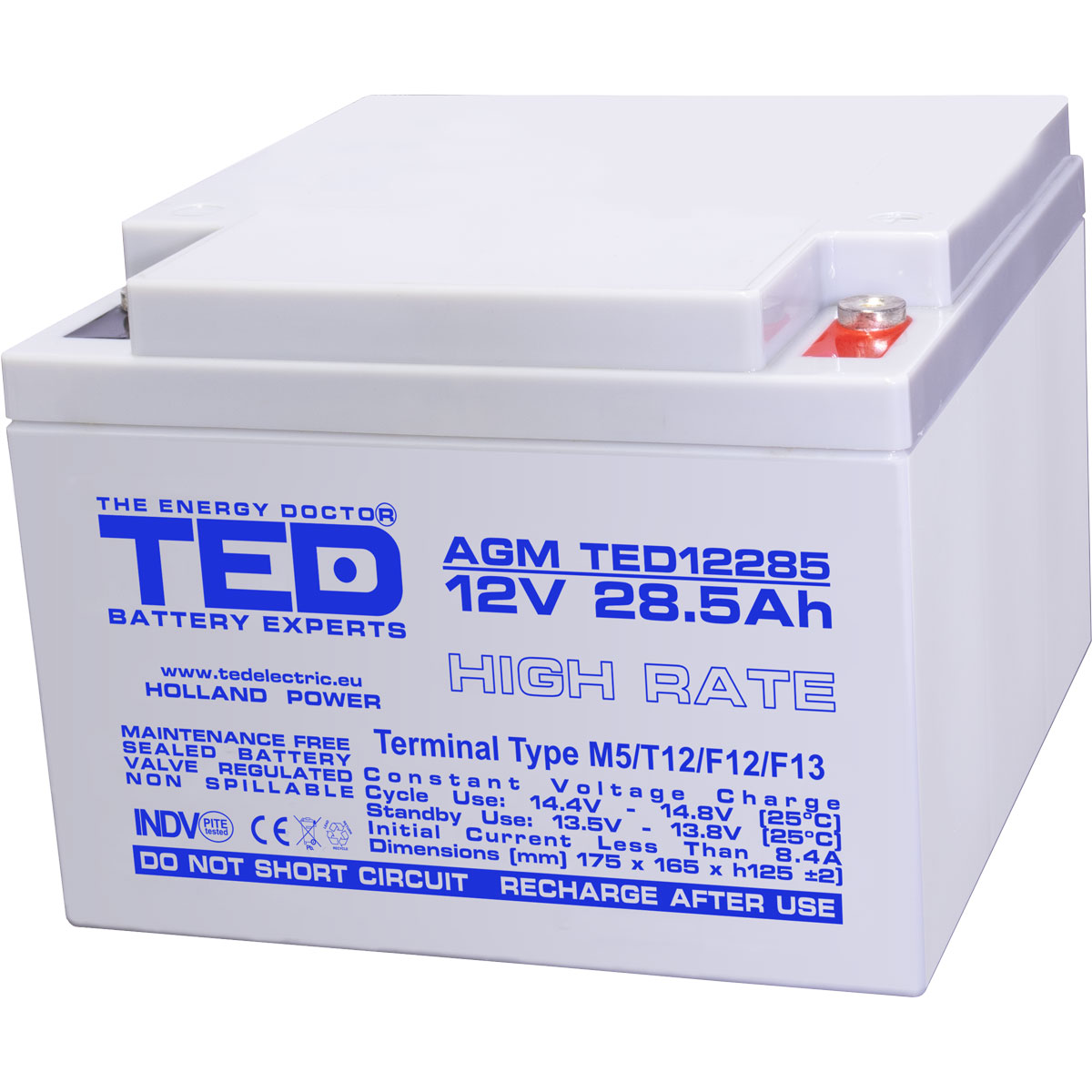 TED 12V 28.5Ah battery front angled view