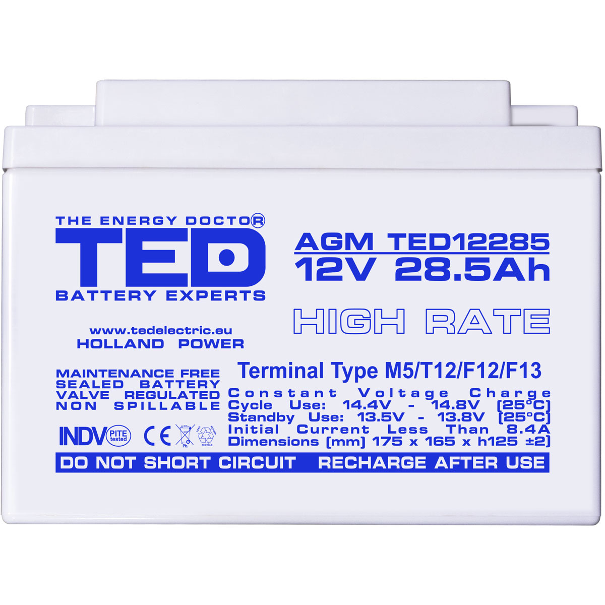 TED 12V 28.5Ah battery front view
