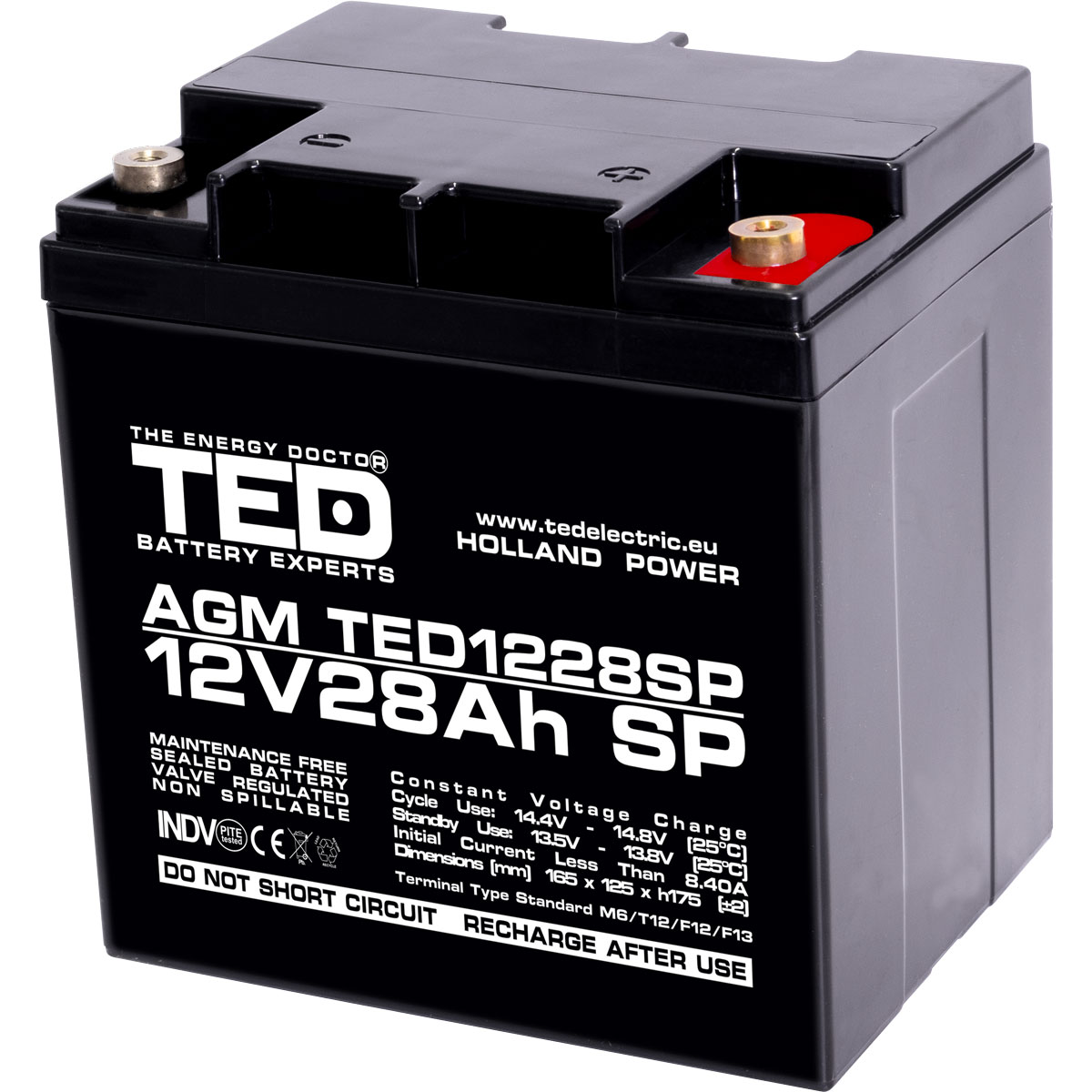 TED 12V 28Ah battery front angled view