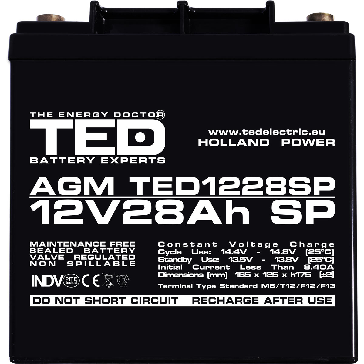TED 12V 28Ah battery front view