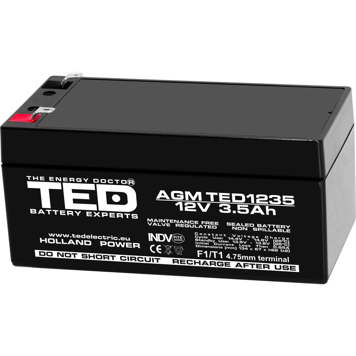 TED 12V 3.5Ah battery front angled view