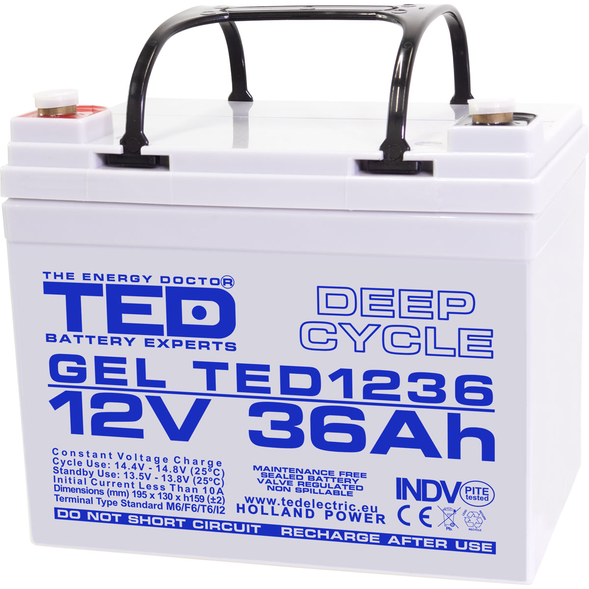TED 12V 36Ah battery front angled view