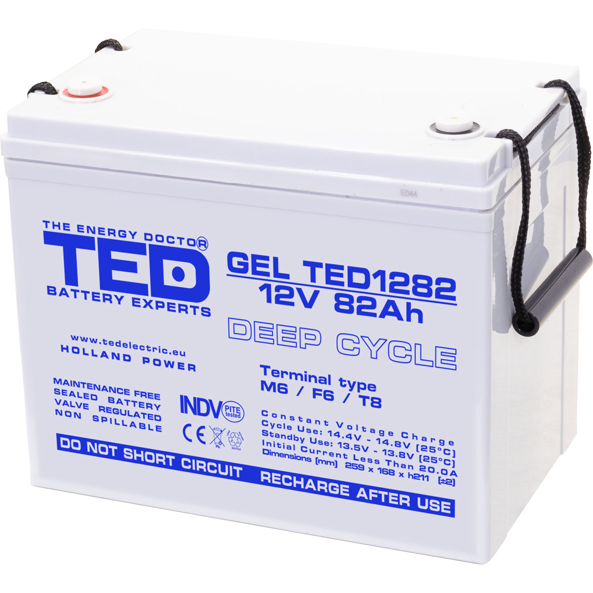 TED 12V 82Ah battery front angled view