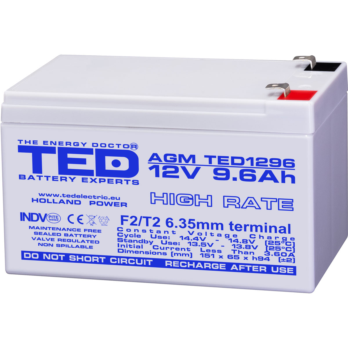 TED 12V 9.6Ah battery front angled view