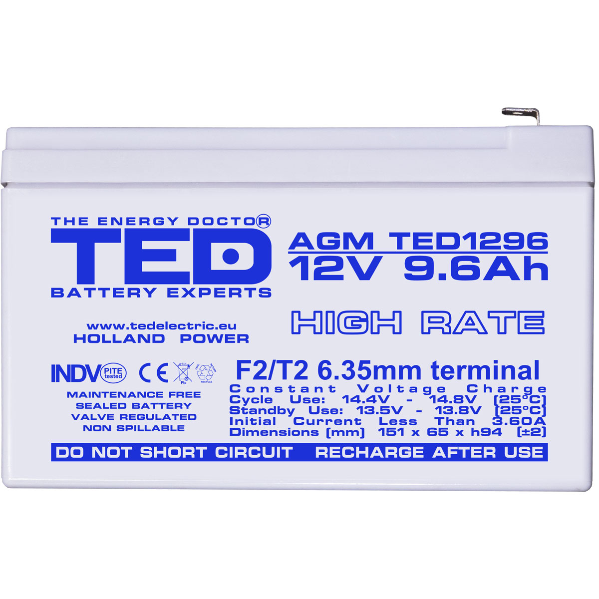 TED 12V 9.6Ah battery front view