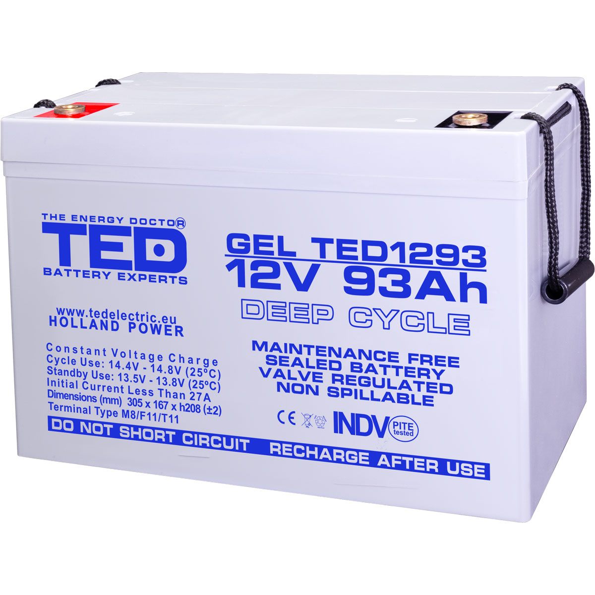 TED 12V 93Ah battery front angled view