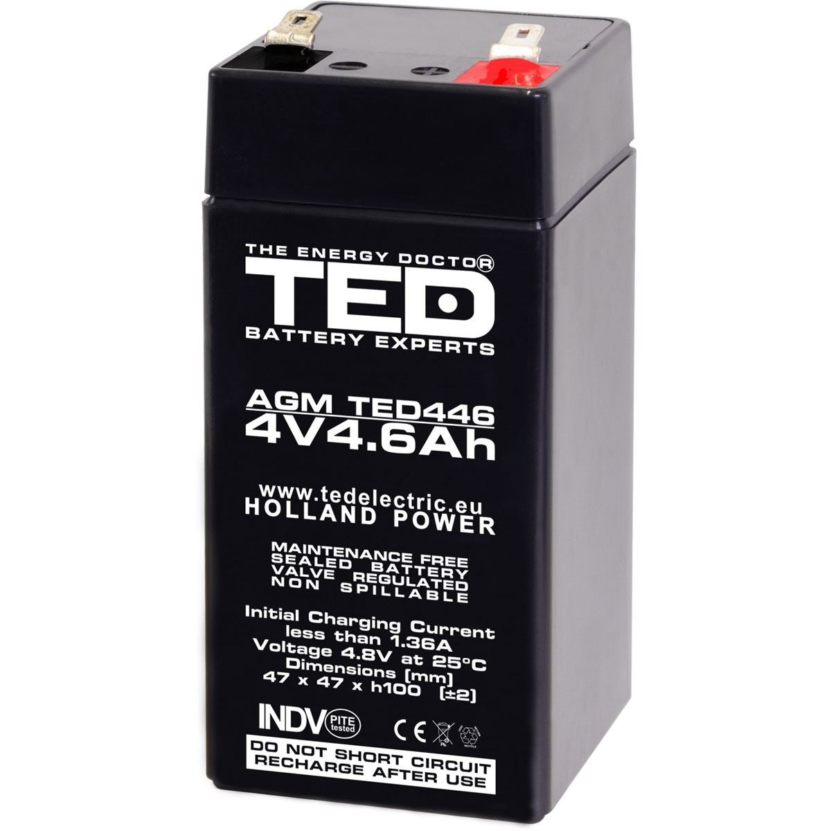 TED 4V 4.6Ah battery front angled view