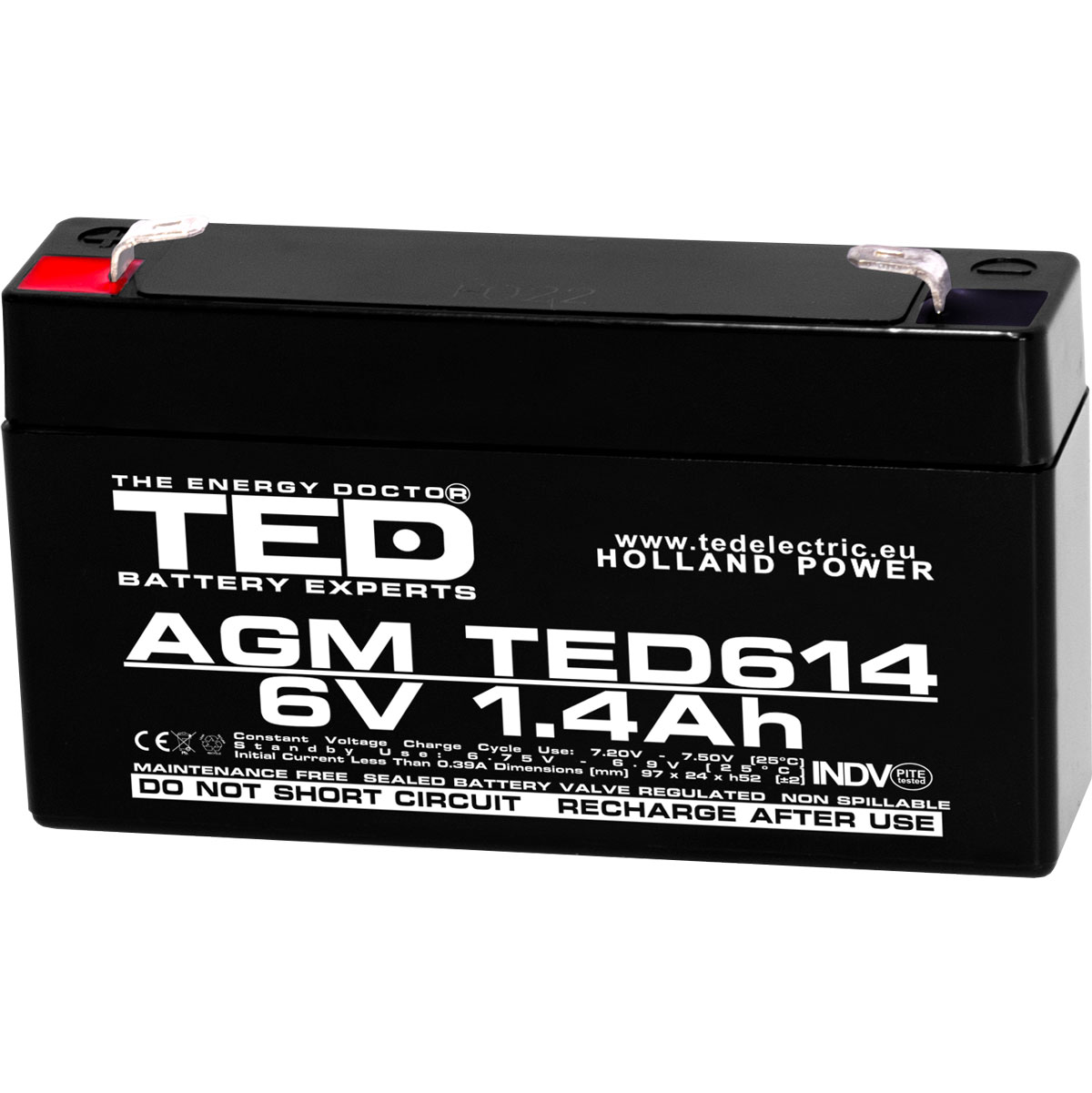 TED 6V 1.4Ah battery front angled view