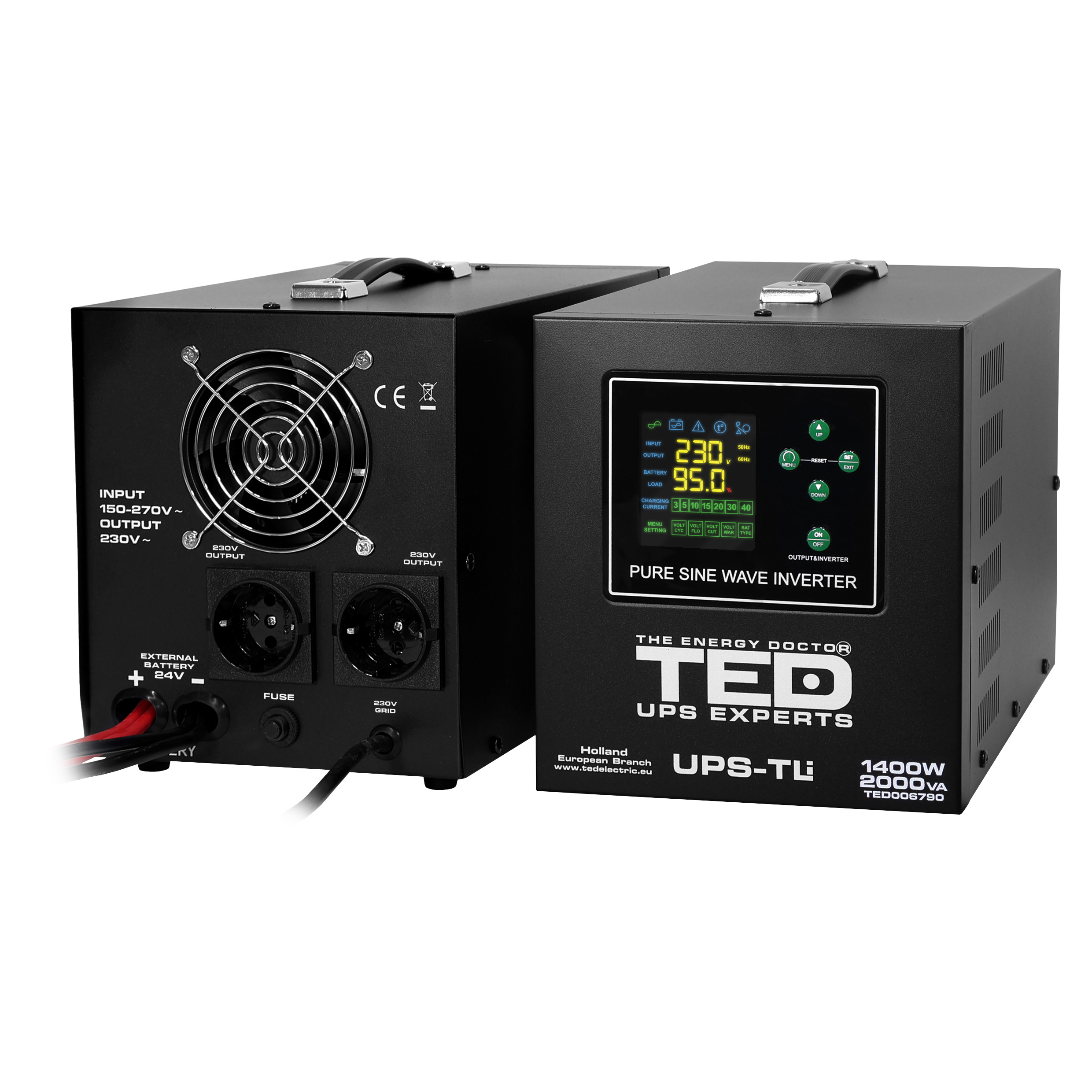 TED LiFePO4 2000VA 24V UPS with 230V output sockets and cooling fan