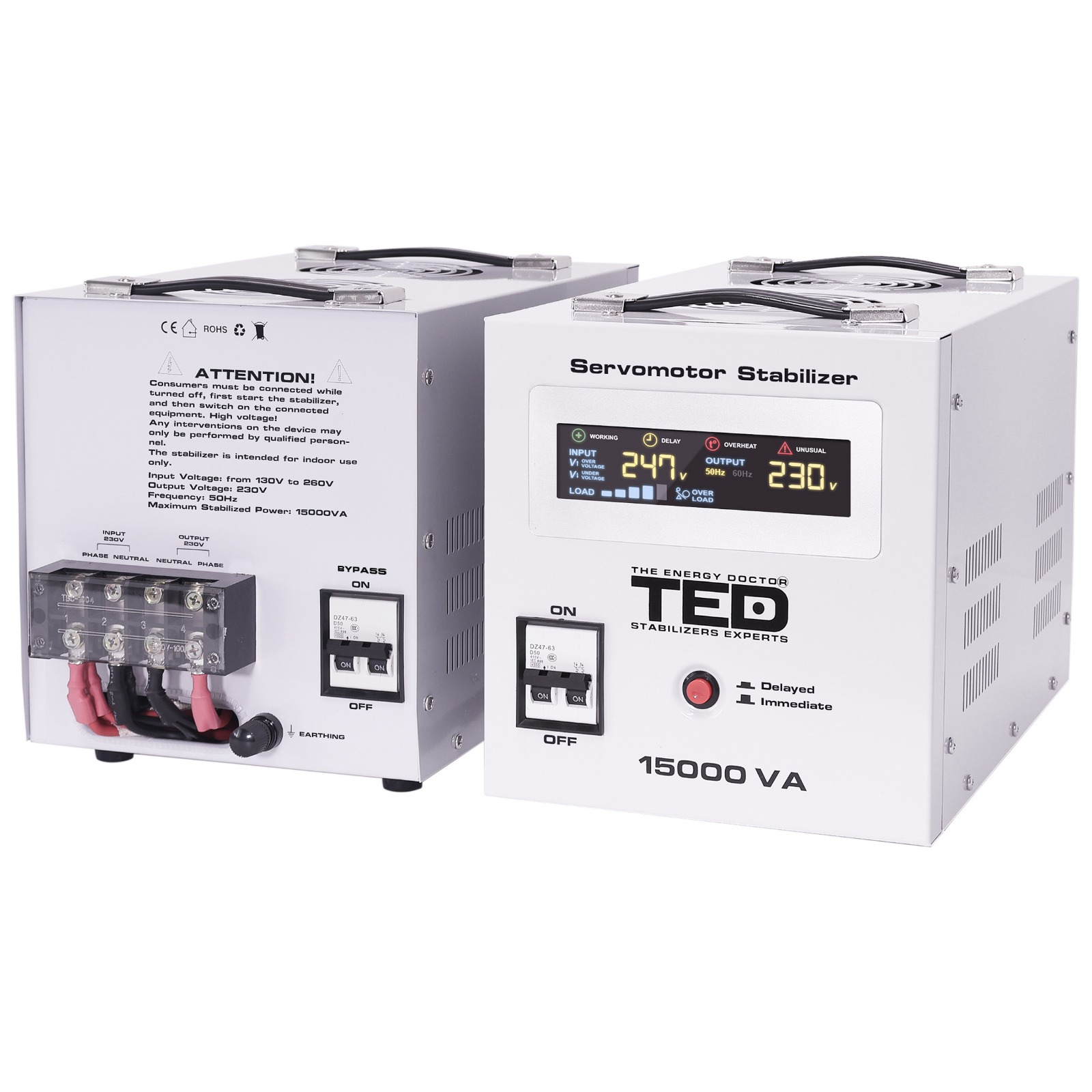 15kVA 12kW Servomotor Voltage Stabilizer – Terminal Block – LCD