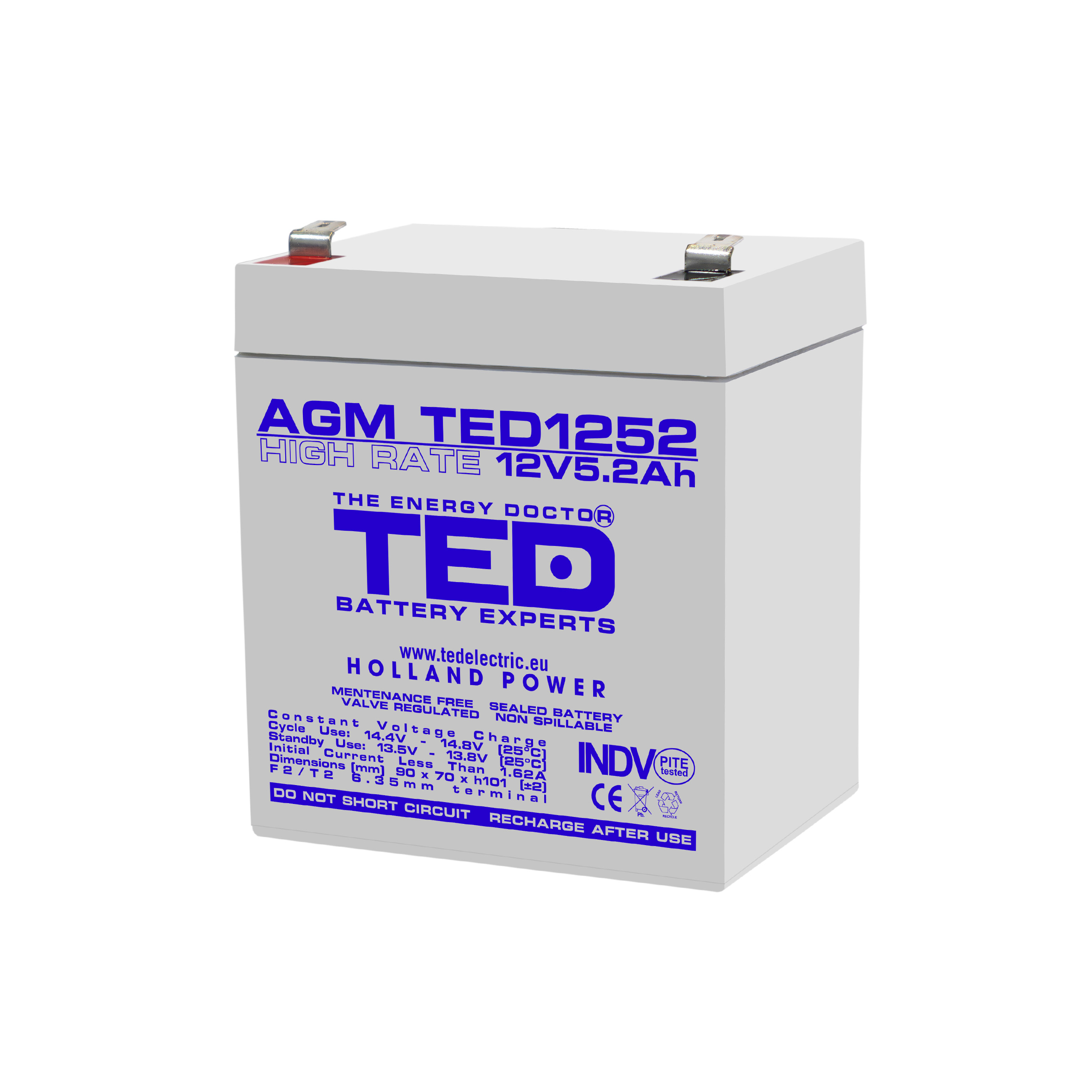 TED 12V 5.2Ah battery front angled view