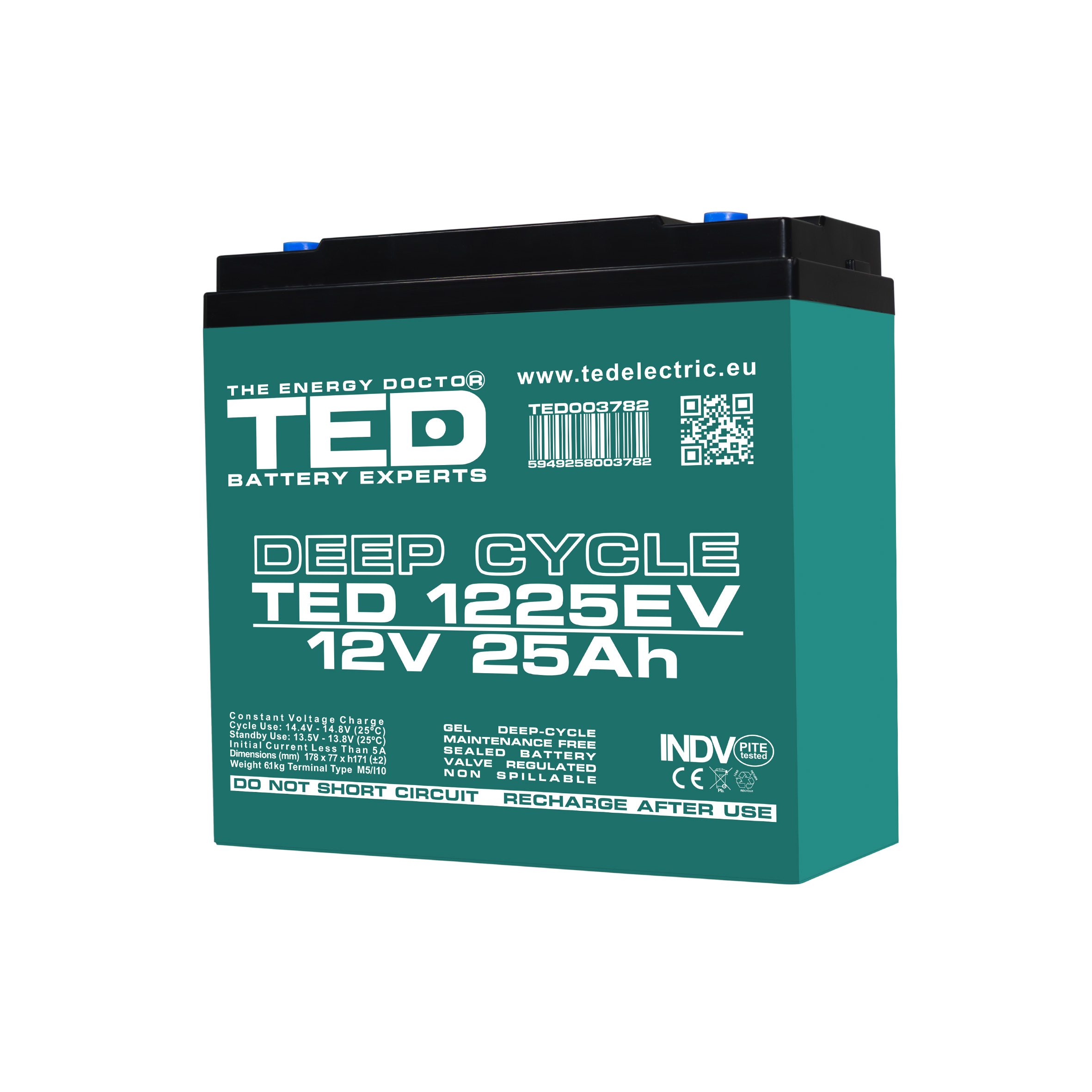 TED Electric 12V 25Ah GEL deep cycle EV battery side angle view